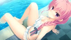 Rule 34 | 1girl, arm support, barefoot, bikini, bikini skirt, blush, braid, breasts, cleavage, from above, game cg, hair over shoulder, highres, kobuichi, leaning back, long hair, looking at viewer, low-tied long hair, medium breasts, mitsukasa ayase, official art, pink eyes, pink hair, poolside, riddle joker, sitting, soaking feet, solo, swimsuit, water