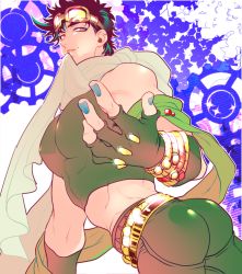 Rule 34 | 1boy, ass, bare shoulders, battle tendency, black hair, blue nails, bracelet, brown eyes, fingerless gloves, gloves, goggles, goggles on head, green scarf, jewelry, jojo no kimyou na bouken, joseph joestar, joseph joestar (young), male focus, midriff, mouth hold, nail polish, narrow waist, off shoulder, official alternate costume, s gentian, scarf, solo