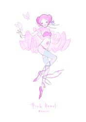 Rule 34 | 1girl, artist name, ballet slippers, blush, breasts, bug, butterfly, character name, cleavage, colored skin, double bun, closed eyes, frills, full body, hair bun, hair ribbon, happy, head tilt, bug, kaninn, leg ribbon, open mouth, outstretched arms, pink pearl (steven universe), pink ribbon, pink skin, ribbon, simple background, small breasts, solo, spoilers, steven universe, stomach jewel, thighhighs, tiptoes, twitter username, white background