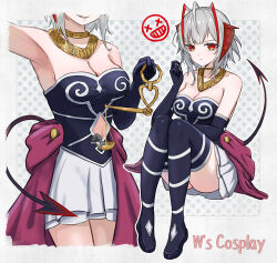 Rule 34 | 1girl, 1other, absurdres, ahoge, antennae, arknights, armpits, aura (sousou no frieren), aura (sousou no frieren) (cosplay), bare shoulders, black gloves, black shirt, black thighhighs, breasts, cleavage, clothing cutout, commentary request, cosplay, doctor (arknights), elbow gloves, gloves, grey hair, highres, holding, horns, jewelry, looking at viewer, medium breasts, mini person, miniskirt, multiple views, navel, navel cutout, neck ring, pleated skirt, red eyes, runyo (yale12312), shirt, short hair, sitting, skirt, strapless, strapless shirt, tail, thighhighs, w (arknights), white skirt