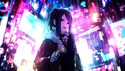 Rule 34 | 1girl, absurdres, black hair, black vest, cigarette, city, city lights, dated, from below, fur-trimmed jacket, fur trim, furrowed brow, highres, holding, holding cigarette, jacket, jill stingray, looking at viewer, necktie, neon lights, open mouth, outdoors, parted bangs, rain, red eyes, red jacket, red necktie, rnna, shirt, sidelocks, signature, smoke trail, solo, twintails, upper body, va-11 hall-a, vest, white shirt