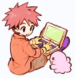 Rule 34 | black eyes, brown hair, computer, digimon, digimon (creature), digimon adventure, gloves, highres, izumi koshiro, laptop, looking at another, mochimon, red hair, short hair, simple background, spiked hair, yellow gloves
