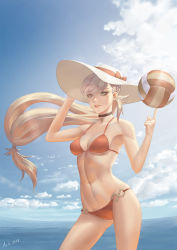 Rule 34 | 1girl, 2018, adjusting clothes, adjusting headwear, aztodio, ball, bikini, black choker, blonde hair, blue eyes, braid, breasts, choker, cloud, collarbone, commentary, day, english commentary, fire emblem, fire emblem heroes, hat, hat ribbon, highres, holding, holding ball, long hair, low-tied long hair, medium breasts, navel, nintendo, o-ring, o-ring bikini, ocean, red bikini, red ribbon, ribbon, sharena (fire emblem), signature, solo, sun hat, sunlight, swimsuit, volleyball (object)