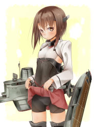 Rule 34 | 10s, 1girl, akino shuu, akisyuuno, brown eyes, brown hair, clothes lift, flat chest, headgear, kantai collection, looking at viewer, machinery, personification, short hair, skirt, skirt lift, solo, taihou (kancolle), thighhighs