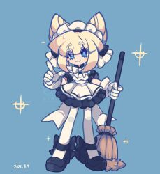 Rule 34 | 1girl, ankle bow, ankle ribbon, apron, back bow, black bow, black dress, black footwear, blonde hair, blue eyes, blurry, blurry background, bow, bowtie, broom, cone hair bun, dated, double bun, dress, frilled dress, frills, full body, gloves, hair bun, highres, holding, holding broom, looking at viewer, maid, maid apron, maid headdress, original, pantyhose, pointing, puffy short sleeves, puffy sleeves, ribbon, short sleeves, smile, sparkle, watermark, white apron, white bow, white bowtie, white gloves, white pantyhose, xianyudian laoban