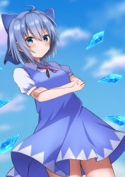 Rule 34 | &gt;:), 1girl, absurdres, ahoge, blue bow, blue dress, blue eyes, blue hair, blue sky, blush, bow, breasts, cirno, closed mouth, cloud, collar, commentary, crossed arms, doyagao, dress, hair between eyes, hair bow, highres, ice, ice wings, looking at viewer, medium hair, puffy short sleeves, puffy sleeves, red ribbon, ribbon, short sleeves, sidelocks, sky, small breasts, smile, smug, solo, szl, touhou, v-shaped eyebrows, white collar, wing collar, wings