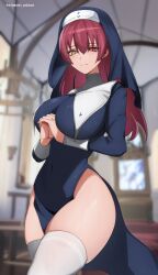 Rule 34 | 1girl, bare shoulders, black dress, blush, breasts, cross, dress, habit, heterochromia, highres, hololive, houshou marine, houshou marine (nun), large breasts, long hair, long sleeves, looking at viewer, nun, o22no, pelvic curtain, red eyes, red hair, solo, thighhighs, virtual youtuber, yellow eyes