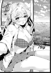 Rule 34 | 1girl, black skirt, blonde hair, blush, cellphone, closed mouth, filter-goshi no kanojo, greyscale, hand up, highres, japanese text, koto mitsuha, long hair, looking at viewer, monochrome, ocean, open clothes, open shirt, phone, photo (medium), purple eyes, school uniform, shirt, sitting, skirt, sky, smile, solo, very long hair, water, white shirt