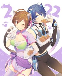 Rule 34 | 1boy, 1girl, animal ear headphones, animal ears, asymmetrical gloves, asymmetrical legwear, bag, black pants, black sleeves, blue eyes, blue hair, blue nails, bracelet, breast cutout, brown eyes, brown hair, cat day, cat ear headphones, cat ears, cat tail, commentary, contrapposto, cosplay, cowboy shot, crop top, crumbs, detached sleeves, dress, eating, elbow gloves, fake animal ears, fish, food, food on face, framed breasts, gloves, headphones, holding, holding bag, holding food, jewelry, kaito (vocaloid), light blush, meiko (vocaloid), nail polish, neko cyber (module), one eye closed, pants, project diva (series), purple dress, purple thighhighs, shaomei rin, shaomei rin (cosplay), shining (series), shining hearts, shirt, shopping bag, side-by-side, sinaooo, single elbow glove, single thighhigh, sleeveless, sleeveless shirt, symbol-only commentary, tail, taiyaki, thighhighs, tongue, tongue out, vocaloid, wagashi, white gloves, white shirt