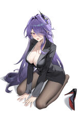 Rule 34 | 1girl, absurdres, acheron (honkai: star rail), black jacket, black pantyhose, black skirt, breasts, cleavage, from above, full body, hair intakes, hair over one eye, heart, heart-shaped pupils, high heels, highres, honkai: star rail, honkai (series), jacket, kaliliyu17524, large breasts, long hair, looking at viewer, no shoes, open mouth, pantyhose, purple hair, shoes, skirt, solo, symbol-shaped pupils, unworn shoes, very long hair