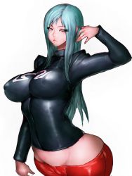 Rule 34 | 1girl, aqua hair, blue eyes, breasts, covered erect nipples, female focus, fumio (rsqkr), genderswap, genderswap (mtf), groin, large breasts, long hair, looking at viewer, remy (street fighter), simple background, solo, street fighter, street fighter iii (series), thighs, white background, wide hips