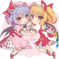 Rule 34 | 2girls, :d, ascot, back bow, bat wings, beni kurage, blonde hair, blue hair, blush, bow, character name, chibi, commentary request, crystal, dress, english text, fang, fang out, fangs, feet out of frame, fingernails, flandre scarlet, floating, full body, hat, hat bow, hat ribbon, holding hands, jewelry, looking at viewer, mary janes, mob cap, multicolored wings, multiple girls, one side up, open mouth, petticoat, pointy ears, puffy short sleeves, puffy sleeves, red bow, red eyes, red footwear, red ribbon, red skirt, red vest, remilia scarlet, ribbon, sash, shoes, short sleeves, siblings, side ponytail, simple background, sisters, skirt, skirt set, smile, socks, touhou, vest, white background, white dress, white socks, wings, wrist cuffs