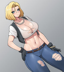 Rule 34 | 1girl, android 18, black gloves, blonde hair, blue eyes, bracelet, breasts, cleavage, closed mouth, collarbone, crop top, denim, donburi (donburikazoku), dragonball z, eyelashes, gloves, gradient background, grey background, hand on own hip, highres, jeans, jewelry, large breasts, looking at viewer, midriff, navel, necklace, pants, pearl necklace, short hair, short sleeves, solo, torn clothes, vest