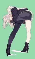 Rule 34 | 1girl, absurdres, ahoge, bare shoulders, bent over, black footwear, black jacket, black pantyhose, black shirt, boots, breasts, commentary request, from behind, full body, fur-trimmed jacket, fur trim, green background, grey hair, grey skirt, hands in pockets, high heel boots, high heels, highres, hololive, jacket, large breasts, lion girl, lion tail, long hair, messy hair, miniskirt, off shoulder, pantyhose, shirt, shishiro botan, shishiro botan (1st costume), simple background, single leg pantyhose, skin tight, skirt, sleeveless, sleeveless shirt, solo, standing, tail, tail around own leg, thigh strap, two side up, virtual youtuber, yumemori jabara