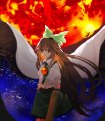 Rule 34 | 1girl, bird wings, black wings, bow, brown eyes, brown hair, buttons, cape, closed mouth, collared shirt, control rod, cowboy shot, flat chest, frilled shirt collar, frills, green bow, green skirt, hair bow, kaigen 1025, long hair, puffy short sleeves, puffy sleeves, reiuji utsuho, shirt, short sleeves, skirt, starry sky print, third eye on chest, touhou, two-sided cape, two-sided fabric, white cape, white shirt, wings