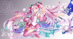 Rule 34 | 1girl, blue hair, boots, breasts, cherry blossoms, commentary request, detached sleeves, floating hair, gradient hair, hair ornament, hatsune miku, long hair, microphone, multicolored hair, necktie, official art, pink eyes, pink hair, pink necktie, pink skirt, pink thighhighs, sakura miku, shirt, skirt, sleeveless, sleeveless shirt, small breasts, solo, thigh boots, thighhighs, twintails, tyouya, very long hair, vocaloid, white shirt, wide sleeves, zettai ryouiki