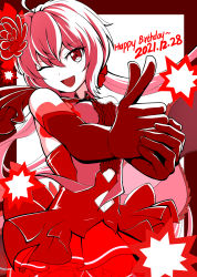 Rule 34 | 1girl, absurdres, breasts, dated, dress, elbow gloves, finger gun, flower, ginga no kou, gloves, hair flower, hair ornament, happy birthday, highres, looking at viewer, low twintails, medium breasts, monochrome, open mouth, red background, red gloves, red theme, senki zesshou symphogear, smile, solo, twintails, yukine chris