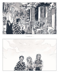 Rule 34 | 2koma, 4boys, ^ ^, absurdres, adjusting hair, arms at sides, checkered clothes, closed eyes, cloud, colored tips, comic, day, earrings, father and son, floating hair, flower, forked eyebrows, graveyard, greyscale, hakama, hand up, hands in opposite sleeves, hands up, happy, highres, himishiro, holding, holding sword, holding weapon, japanese clothes, jewelry, kamado tanjirou, katana, kimetsu no yaiba, kimono, long sleeves, male focus, monochrome, multicolored hair, multiple boys, outdoors, own hands together, palms together, praying, profile, rengoku senjurou, rengoku shinjurou, sash, scar, scar on face, scar on forehead, short hair, side-by-side, silent comic, sky, squatting, standing, streaked hair, sword, tombstone, translation request, weapon, wide sleeves, wind