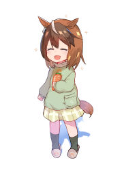 Rule 34 | 1girl, aged down, animal ears, arito arayuru, brown hair, carrot, child, closed eyes, commentary request, earrings, full body, highres, holding, holding carrot, horse ears, horse girl, horse tail, jewelry, long sleeves, looking at viewer, medium hair, multicolored hair, open mouth, simple background, skirt, slippers, smile, socks, solo, standing, streaked hair, symboli rudolf (umamusume), tail, umamusume, white background, white hair