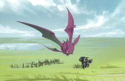 Rule 34 | alternate color, animal focus, cloud, creatures (company), crobat, day, eye contact, flying, game freak, gen 2 pokemon, grass, highres, looking at another, nintendo, no humans, outdoors, pokemon, pokemon (creature), shiny pokemon, sky, two pokemon, umbreon