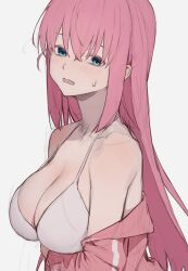 Rule 34 | 1girl, arm under breasts, bare shoulders, bikini, blue eyes, blush, bocchi the rock!, breasts, cleavage, collarbone, crossed bangs, gotoh hitori, hair between eyes, highres, jacket, large breasts, long hair, looking at viewer, off shoulder, open mouth, pink hair, pink jacket, simple background, solo, sooon, swimsuit, track jacket, upper body, white background, white bikini