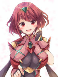 Rule 34 | 1girl, absurdres, black gloves, breasts, chest jewel, earrings, fingerless gloves, gloves, highres, jewelry, kurokaze no sora, large breasts, pyra (xenoblade), red eyes, red hair, short hair, simple background, solo, swept bangs, tiara, white background, xenoblade chronicles (series), xenoblade chronicles 2