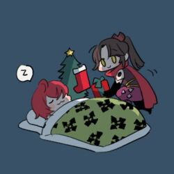 Rule 34 | 1boy, 1girl, :3, black gloves, blue background, brown hair, christmas, christmas stocking, christmas tree, commentary, english commentary, fate/grand order, fate (series), futon, fuuma kotarou (fate), gift, gloves, hair over one eye, holding, holding gift, katou danzou (fate), long hair, looking at another, lying, mother and son, no nose, on back, on one knee, oneroom-disco, pillow, ponytail, red hair, red scarf, scarf, short hair, shuriken print, simple background, sleeping, smile, spoken zzz, yellow eyes, zzz