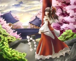 Rule 34 | 1girl, architecture, bow, brown hair, cherry blossoms, cloud, cloudy sky, detached sleeves, east asian architecture, fen zuo, gohei, hair bow, hair tubes, hakurei reimu, pillar, ponytail, profile, red eyes, short hair, skirt, skirt set, sky, solo, stairs, touhou, tree, twilight