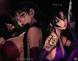Rule 34 | 2girls, alternate costume, alternate hair color, back-to-back, black-framed eyewear, black eyes, black hair, black lagoon, braid, breasts, cleavage, commentary, detached sleeves, dress, earrings, elbow gloves, english commentary, fingerless gloves, formal, glasses, gloves, gold earrings, gown, gun, hair down, hair over shoulder, halter dress, halterneck, handgun, highres, holding, holding gun, holding weapon, hoop earrings, impossible clothes, impossible dress, jewelry, large breasts, lips, lipstick, looking at viewer, makeup, medium breasts, multiple girls, nail polish, no bra, pistol, purple dress, purple gloves, red dress, revy (black lagoon), roberta (black lagoon), round eyewear, ryu shou, shoulder tattoo, sideboob, single detached sleeve, strapless, strapless dress, tattoo, trigger discipline, twin braids, weapon
