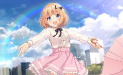 Rule 34 | 1girl, :d, black bow, blonde hair, blouse, blue eyes, blunt bangs, bow, bowtie, center frills, cityscape, cloud, collared shirt, commentary request, cowboy shot, day, frilled skirt, frills, hair bow, indie virtual youtuber, lace sleeves, long sleeves, open mouth, outdoors, pink skirt, rainbow, shiratori kurumi, shiromikan, shirt, short hair, skirt, sky, smile, solo, umbrella, virtual youtuber, water drop, white shirt