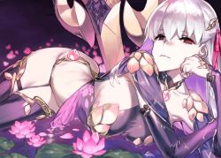 Rule 34 | 1girl, 92m, bare shoulders, breasts, closed mouth, detached sleeves, fate/grand order, fate (series), flower, hair between eyes, hair ribbon, halterneck, hip focus, jewelry, kama (fate), kama (second ascension) (fate), large breasts, lily pad, long hair, looking at viewer, lotus, lying, petals, purple thighhighs, red eyes, ribbon, ring, silver hair, solo, thighhighs, thighs, weapon