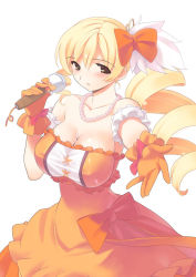 Rule 34 | 10s, 1girl, alternate costume, bad id, bad pixiv id, bare shoulders, blonde hair, bow, breasts, cleavage, collarbone, dress, drill hair, gloves, hair bow, hair ornament, jewelry, jiji (aardvark), large breasts, mahou shoujo madoka magica, mahou shoujo madoka magica (anime), microphone, music, necklace, open mouth, outstretched hand, ribbon, simple background, singing, solo, tomoe mami, twin drills, twintails, white background, yellow eyes
