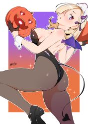 Rule 34 | 1girl, ass, back, black flower, black footwear, black pantyhose, blonde hair, breasts, flower, hair over one eye, high heels, highres, horns, jack-o&#039;-lantern, leotard, looking at viewer, maid headdress, nanahime, nontraditional playboy bunny, open mouth, original, pantyhose, playboy bunny, purple eyes, solo, tail, wings, wrist cuffs