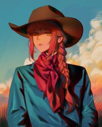 Rule 34 | 1girl, absurdres, alternate costume, blue shirt, blue sky, braid, braided ponytail, brown hat, chainsaw man, closed mouth, cloud, cowboy hat, cowboy western, expressionless, hair over shoulder, hat, highres, kozzz y, long hair, looking at viewer, makima (chainsaw man), red hair, red lips, red scarf, ringed eyes, scarf, shirt, sidelocks, sky, solo, upper body, yellow eyes