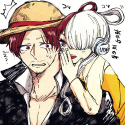 Rule 34 | 1boy, 1girl, age difference, aged down, artist request, facial hair, father and daughter, grabbing, grabbing from behind, hat, headphones, long hair, looking at viewer, multicolored hair, official alternate costume, one piece, one piece film: red, red hair, shanks (one piece), smile, straw hat, translation request, twitter username, two-tone hair, uta (one piece), very long hair, white background