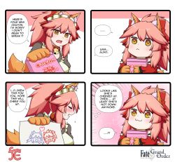 Rule 34 | 2girls, 4girls, :&lt;, :3, animal ear fluff, animal ears, animal hands, apron, bell, blush, cat paws, collar, dual persona, embarrassed, english text, engrish text, fang, fate/grand order, fate (series), fox ears, fox girl, fox tail, gloves, hair ribbon, highres, jingle bell, keita naruzawa, looking at viewer, multiple girls, neck bell, open mouth, paw gloves, pink hair, ranguage, red ribbon, ribbon, speech bubble, tail, tamamo (fate), tamamo cat (fate), tamamo cat (first ascension) (fate), tamamo cat (second ascension) (fate), yellow eyes
