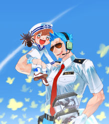 Rule 34 | 2boys, :d, animal crossing, beard, belt, blue hair, blue sky, box, brown eyes, brown hair, bug, butterfly, carrying, child, day, facial hair, gloves, hat, headset, insect, male focus, multiple boys, necktie, nintendo, open mouth, outdoors, personification, pilot, pugi (auriga saga), red neckwear, sailor collar, sailor hat, sailor shirt, scorpion, shirt, short hair, shorts, sky, smile, socks, spiked hair, standing, tarantula, uniform, villager (animal crossing), white butterfly, white footwear, white gloves, white legwear, wilbur (animal crossing)