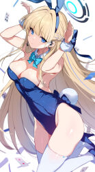 Rule 34 | 1girl, abusoru, animal ears, bare shoulders, blonde hair, blue archive, blue eyes, blue leotard, blush, bow, bowtie, braid, breasts, cleavage, detached collar, earpiece, fake animal ears, french braid, halo, hands up, high heels, highleg, highleg leotard, highres, leotard, long hair, looking at viewer, medium breasts, official alternate costume, playboy bunny, rabbit ears, rabbit pose, rabbit tail, solo, tail, thighhighs, thighs, toki (blue archive), toki (bunny) (blue archive), white thighhighs, wrist cuffs