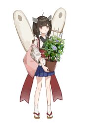 Rule 34 | 1girl, absurdres, ahoge, bag, blade, blue skirt, blunt bangs, brown hair, closed mouth, commentary, dot mouth, expressionless, flower, flower pot, full body, headgear, highres, holding, holding flower pot, japanese clothes, kimono, kiritanpo (food), looking at viewer, medium hair, morning glory, obi, obijime, okobo, oversized food, oversized object, plant, pleated skirt, potted plant, purple flower, red eyes, sandals, sash, short kimono, shoulder bag, simple background, skirt, solo, standing, strap slip, tabi, tasuki, touhoku kiritan, trellis, twintails, voiceroid, white background, white kimono, yomiya setsu