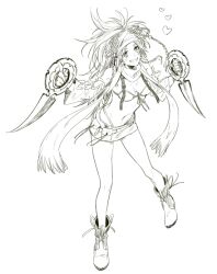 Rule 34 | 1girl, bare shoulders, bikini, boots, braid, breasts, cleavage, dagger, detached sleeves, dual wielding, final fantasy, final fantasy x, final fantasy x-2, full body, greyscale, grin, headband, heart, holding, holding dagger, holding knife, holding weapon, knife, lineart, long hair, looking at viewer, medium breasts, microskirt, midriff, monochrome, nakagawa waka, navel, parted bangs, ponytail, rikku (ff10), scarf, skirt, smile, solo, swimsuit, teeth, weapon, white background