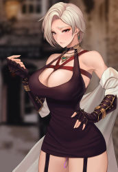 Rule 34 | 1girl, armpits, bad id, bad pixiv id, bare shoulders, bdsm, black dress, blurry, blurry background, blush, bondage, bound, breasts, choker, cleavage, closed mouth, discreet vibrator, dress, dungeon and fighter, earrings, female slayer (dungeon and fighter), fingerless gloves, fle en, framed breasts, garter straps, gloves, halterneck, hand on own hip, highres, jacket, unworn jacket, jewelry, large breasts, majesty (dungeon and fighter), narrow waist, necklace, off shoulder, parted bangs, pink lips, platinum blonde hair, red eyes, remote control vibrator, rope, sex toy, shibari, short dress, short hair, solo, sweatdrop, sword master (dungeon and fighter), thighs, vibrator, vibrator under clothes