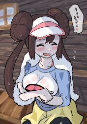 Rule 34 | 1girl, absurdres, black pantyhose, blue sleeves, blush, breasts, brown hair, closed eyes, collarbone, commentary, creatures (company), double bun, doughnut hair bun, flying sweatdrops, game freak, hair bun, hands on own chest, highres, large breasts, long hair, makademia, nervous smile, nintendo, open mouth, pantyhose, poke ball print, pokemon, pokemon bw2, raglan sleeves, rosa (pokemon), see-through, see-through shirt, shirt, shorts, smile, solo, speech bubble, sweat, translated, twintails, visor cap, wet, wet clothes, wet shirt, white shirt, yellow shorts