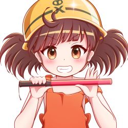 Rule 34 | 1girl, apron, bare arms, bare shoulders, blush, brown apron, brown eyes, brown hair, diagonal bangs, goth risuto, grin, hands up, hard hat, helmet, holding, looking at viewer, simple background, smile, solo, sound voltex, strap slip, traffic baton, twintails, upper body, v-shaped eyebrows, white background, yamashina kanade, yellow headwear