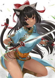 Rule 34 | 1girl, animal ear fluff, animal ears, black gloves, black hair, bow, breasts, cat ears, cat girl, cat tail, china dress, chinese clothes, cosplay, cowboy shot, dark-skinned female, dark skin, dress, fingerless gloves, fire emblem, fire emblem: the blazing blade, gloves, hair bow, haru (nakajou-28), highres, holding, holding sword, holding weapon, large breasts, leg up, long hair, lyn (fire emblem), lyn (fire emblem) (cosplay), nintendo, no panties, orange sash, original, pelvic curtain, red bow, red eyes, scabbard, sheath, simple background, solo, sword, tail, tail bow, tail ornament, weapon, white background