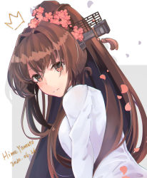 Rule 34 | 1girl, 2020, brown eyes, brown hair, character name, cherry blossoms, dated, female focus, flower, hair flower, hair ornament, highres, himeyamato, kantai collection, long hair, looking at viewer, matching hair/eyes, ponytail, self-upload, shirt, solo, white shirt, yamato (kancolle)