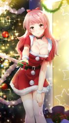 Rule 34 | 1girl, belt, belt buckle, black belt, black bow, black choker, blush, bow, box, brown eyes, buckle, choker, christmas tree, closed mouth, collarbone, doukyuusei another world, dress, fur-trimmed dress, fur trim, game cg, gift, gift box, hairband, hand on lap, kishimoto sae, leaning forward, long hair, looking at viewer, mole, mole under eye, official art, pink hair, red dress, red hairband, santa costume, short dress, smile, solo, standing, thigh gap, thighhighs, white thighhighs, zettai ryouiki