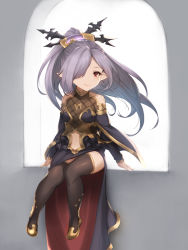 Rule 34 | 1girl, bare shoulders, black thighhighs, blurry, blurry background, blush, boots, chokuro, cloak, closed mouth, clothing cutout, commentary request, dress, gloves, granblue fantasy, hair ornament, hair over one eye, hair stick, harvin, high ponytail, highres, long hair, looking at viewer, navel, navel cutout, niyon (granblue fantasy), pointy ears, ponytail, purple hair, red eyes, sitting, smile, solo, thigh boots, thighhighs, white gloves, wuming
