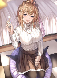 Rule 34 | 1girl, bed, blonde hair, blue eyes, blue nails, brown skirt, check commentary, checkered floor, commentary, commentary request, diadem, europa (granblue fantasy), granblue fantasy, highres, jewelry, kanpyou (hghgkenfany), kneeling, lace, lace-trimmed skirt, lace trim, mimikaki, pendant, pillow, ribbed sweater, skirt, solo, sweater, turtleneck, white sweater