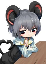 Rule 34 | 1girl, animal ear fluff, animal ears, black skirt, black vest, blush, capelet, closed mouth, commentary request, cookie (touhou), cowboy shot, crossed arms, crystal, flat chest, grey hair, hair between eyes, heart, heart tail, jewelry, lets0020, long sleeves, looking at viewer, medium bangs, mouse ears, mouse girl, mouse tail, nazrin, nyon (cookie), pendant, red eyes, shirt, short hair, simple background, skirt, skirt set, smile, solo, tail, touhou, vest, white capelet, white shirt