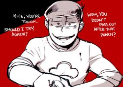 Rule 34 | 10s, 1boy, blood, blood on clothes, chromatic aberration, english text, evil smile, hand on another&#039;s chin, looking at viewer, male focus, matsuno osomatsu, nyaph, osomatsu-kun, osomatsu-san, osomatsu (series), red background, shaded face, sleeves pushed up, smile, solo, solo focus, spot color, upper body